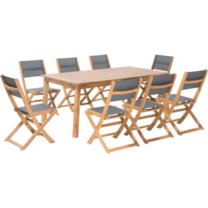 Beliani Garden Dining Set Light Acacia Wood Grey PVC Fabric Extending Outdoor Table 8 Folding Chairs 9 Piece Furniture Set Material:Acacia Wood Size:xx