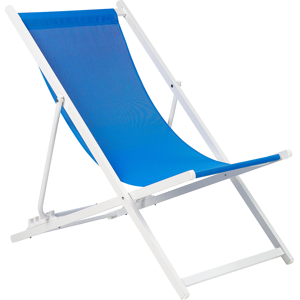 Beliani Folding Deck Chair Black Blue Textilene Sling Seat Beach Chair Adjustable Backrest Patio Recliner Material:Aluminium Size:95-100x79-94x60