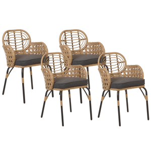 Beliani Set of 4 Chairs Natural PE Rattan with Grey Seating Pad Cushions Braided Backrest and Armrests Boho Design Material:PE Rattan Size:49x84x45