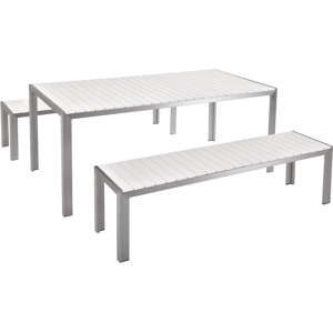 Beliani Garden Dining Set White Outdoor 3 Piece Rectangular Table 2 Benches Brushed Aluminium Frame Material:Plastic Wood Size:xx