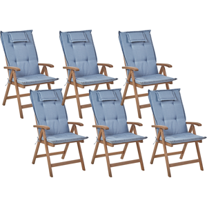 Beliani Set of 6 Garden Chair Dark Acacia Wood Natural with Blue Cushions Adjustable Foldable Outdoor with Armrests Country Rustic Style Material:Acacia Wood Size:69x105x54