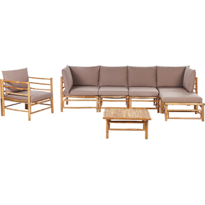 Beliani Garden Modular Corner Sofa Set Taupe Bamboo Cushions 5 Seater with Armchair and Coffee Table Boho Design Outdoor Conversation Set Material:Bamboo Wood Size:xx