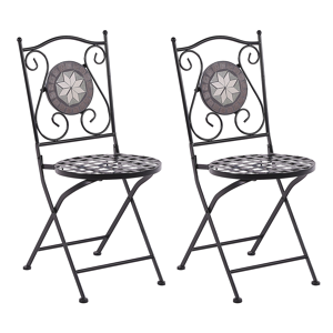Beliani Set of 2 Garden Chairs Black Metal Folding Carved Backrest Mosaic Tiles Pattern Vintage Style Material:Iron Size:45x89x38