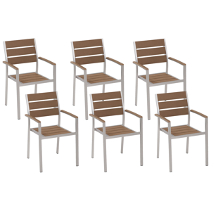 Beliani Set of 6 Garden Dining Chairs Light Wood and Silver Plastic Wood Slatted Back Aluminium Frame Outdoor Chairs Set Material:Plastic Wood Size:57x88x54
