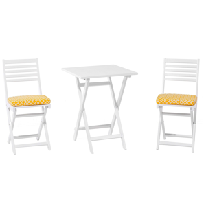 Beliani 3 Piece Bistro Set White Solid Acacia Wood Yellow Cushions Folding Slatted Design Scandinavian Modern Material:Acacia Wood Size:xx