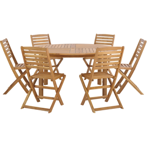 Beliani 7 Piece Garden Dining Set Light Acacia Wood Round Table and 6 Folding Slatted Chairs  Material:Acacia Wood Size:xx