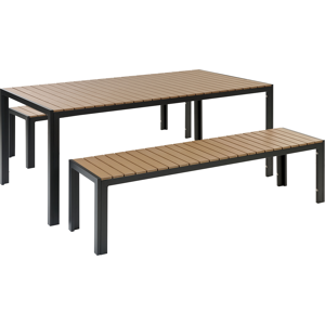 Beliani Garden Dining Set Light Wood and Black Outdoor 3 Piece Rectangular Table 2 Benches Brushed Aluminium Frame Material:Plastic Wood Size:xx