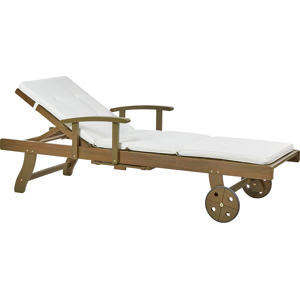 Beliani Garden Sun Lounger Dark Acacia Wood Natural with Off-White Cushion Adjustable Backrest Inbuilt Castors Rustic Traditional Style Material:Acacia Wood Size:196x35-74x64