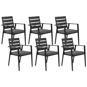 Beliani Set of 6 Garden Dining Chairs Black Aluminium Frame with Cushions Slatted Backrest Design Modern Material:Aluminium Size:58x86x54
