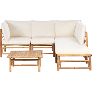 Beliani Garden Modular Corner Sofa Set Off-White Bamboo Cushions 5 Seater with Coffee Table Boho Design Outdoor Conversation Set Material:Bamboo Wood Size:xx