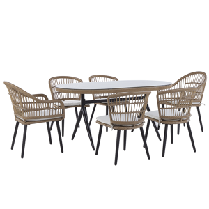 Beliani Garden Dining Set Beige Faux PE Rattan 6 Seater Seat Pads Glass Tabletop  Material:PE Rattan Size:xx