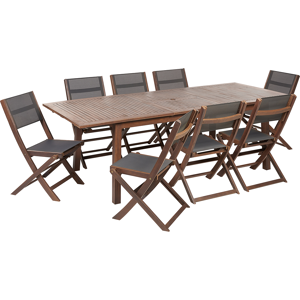 Beliani Garden Dining Set Dark Acacia Wood Grey PVC Fabric Extending Outdoor Table 8 Folding Chairs 9 Piece Furniture Set Material:Acacia Wood Size:xx