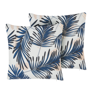Beliani Set of 2 Outdoor Cushions Blue Polyester 45 x 45 cm Palm Leaf Print Pattern Garden Patio Material:Polyester Size:45x10x45