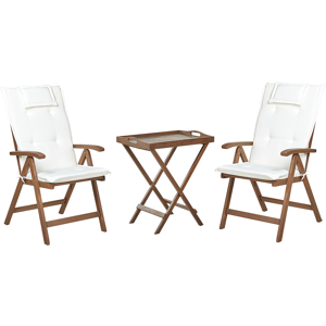 Beliani Garden Bistro Set Dark Solid Acacia Wood with Off White Cushions Table 2 Chairs Adjustable Backrest Folding Rustic Style Balcony Furniture Material:Acacia Wood Size:xx