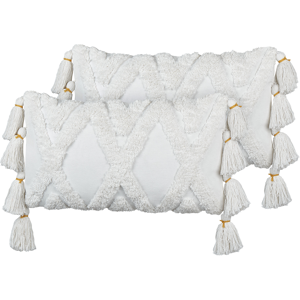 Beliani Set of 2 Decorative Cushions White Tufted Cotton 30 x 50 cm Removable Cover with Tassels Modern Décor Accessories Bedroom Living Room Material:Cotton Size:30x4x50