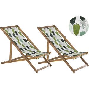 Beliani Set of 2 Garden Deck Chairs Light Acacia Wood Frame Floral Pattern Replacement Fabric Hammock Seat Reclining Folding Sun Lounger Material:Polyester Size:97/99/101x70/76/84x54