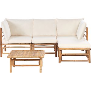 Beliani Garden Modular Corner Sofa Set Off-White Bamboo Cushions 4 Seater with Coffee Table Boho Design Outdoor Conversation Set Material:Bamboo Wood Size:xx