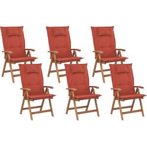 Beliani Set of 6 Garden Chairs Light Acacia Wood with Red Cushions Folding Feature UV Resistant Rustic Style Material:Acacia Wood Size:69x105x54