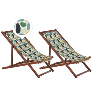Beliani Set of 2 Garden Deck Chairs Dark Acacia Wood Frame Geometric Pattern Replacement Fabric Hammock Seat Reclining Folding Sun Lounger Material:Polyester Size:97/99/101x70/76/84x54