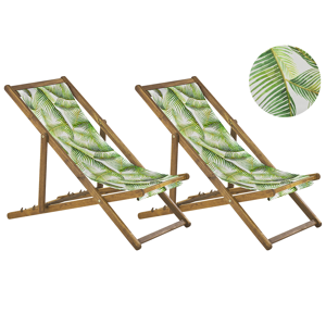 Beliani Set of 2 Deck Chairs Light Acacia Frame Floral Leaves Pattern Replacement Fabric Hammock Seat Reclining Folding Sun Lounger Material:Polyester Size:97/99/101x70/76/84x54