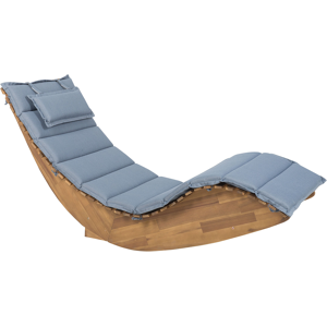 Beliani Sun Lounger Light Acacia Wood Slatted Design Rocking Feature Curved Shape with Blue Seat Cushion  Material:Acacia Wood Size:60x100x180