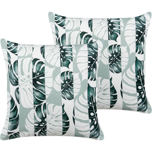 Beliani Set of 2 Garden Cushions Green Polyester Leaf Striped Pattern 45 x 45 cm Modern Outdoor Decoration Water Resistant Material:Polyester Size:45x10x45