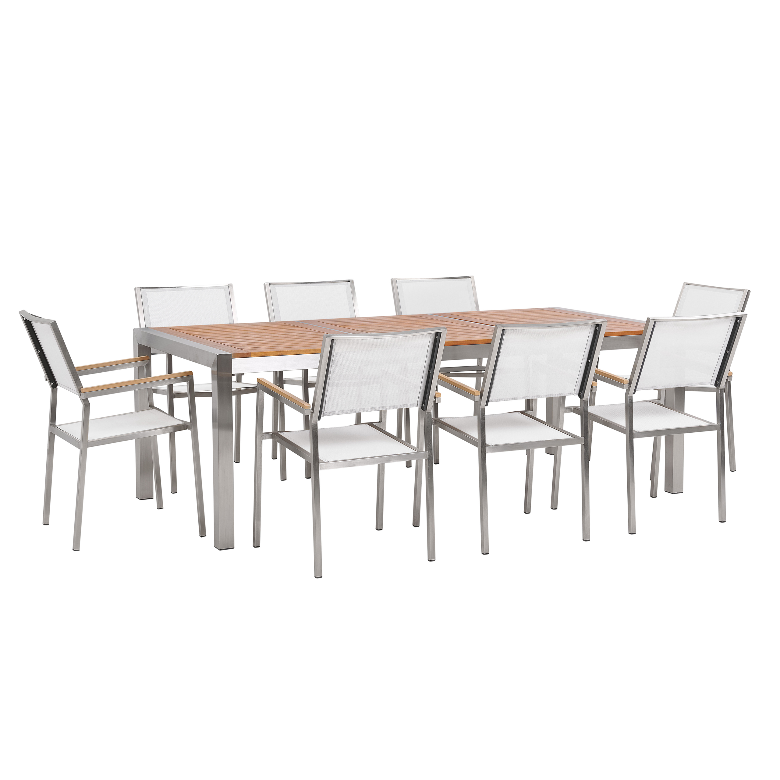 Beliani Garden Dining Set Light Eucalyptus Wood Top Steel Frame 220 x 100 cm with 8 White Chairs