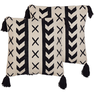 Beliani Set of 2 Scatter Cushions Beige and Black Cotton 45 x 45 cm Geometric Pattern Tassels Handwoven Removable Covers Material:Cotton Size:45x10x45