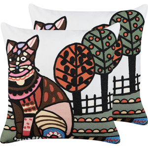 Beliani Set of 2 Scatter Cushions Multicolour Cotton Wool 50 x 50 cm Cat Motif Handmade Embroidered Removable Cover with Filling Boho Style Material:Cotton Size:50x10x50