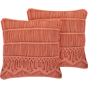 Beliani Set of 2 Decorative Cushion Orange Cotton Macramé 45 x 45 cm Rope Boho Retro Decor Accessories Material:Cotton Size:45x12x45