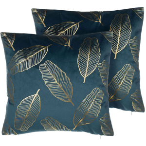 Beliani Set of 2 Decorative Cushions Blue Velvet Leaf Pattern 45 x 45 cm Gold Foil Print Decor Accessories Material:Velvet Size:45x12x45