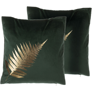 Beliani Set of 2 Decorative Cushions Green Velvet Leaf Pattern 45 x 45 cm Gold Foil Print Decor Accessories Material:Velvet Size:45x12x45