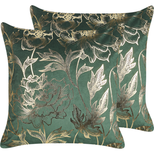 Beliani Set of 2 Decorative Cushions Green Velvet 45 x 45 cm Gold Floral Foil Print Glamour Decor Accessories Material:Velvet Size:45x8x45