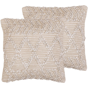 Beliani Set of 2 Scatter Cushions Beige Cotton 45 x 45 cm Geometric Pattern Handwoven Removable Covers with Filling Boho Style Material:Cotton Size:45x10x45