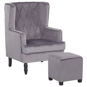 Beliani Armchair with Footstool Grey Velvet Fabric Wooden Legs Wingback Style Material:Velvet Size:75x101x72