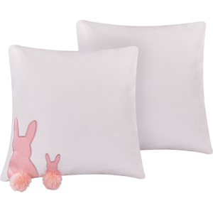 Beliani Set of 2 Decorative Cushions White with Pink Cotton 45 x 45 cm Rabbit Embroidery Pompom Tails Scatter Pillows Living Room Easter Bunny Material:Cotton Size:45x6x45