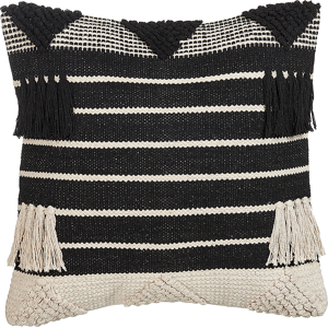 Beliani Scatter Cushion Beige and Black Cotton 50 x 50 cm Geometric Pattern Tassels Handwoven Removable Cover with Filling Material:Cotton Size:50x10x50