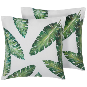 Beliani Set of 2 Decorative Cushions Green Leaf Pattern 45 x 45 cm Tropical Motif Print Decor Accessories Material:Polyester Size:45x12x45