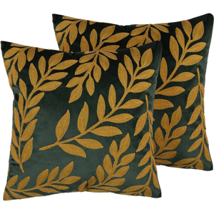 Beliani Set of 2 Decorative Cushions Green Velvet Embroidered Leaf Pattern 45 x 45 cm Floral Motif Glamour Retro Decor Accessories Material:Velvet Size:45x12x45