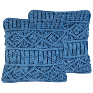 Beliani Decorative Cushions Set of 2 Blue Cotton Macramé 45 x 45 cm Rope Boho Retro Decor Accessories Material:Cotton Size:45x12x45