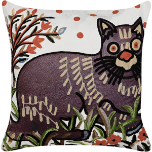 Beliani Scatter Cushion Multicolour Cotton Wool 50 x 50 cm Cat Motif Handmade Embroidered Removable Cover with Filling Boho Style Material:Cotton Size:50x10x50