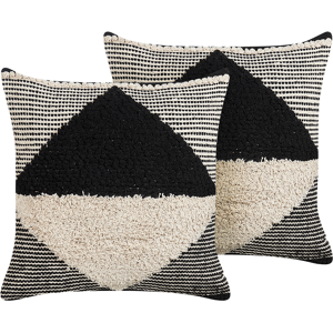 Beliani Set of 2 Scatter Cushions Beige and Black Cotton 50 x 50 cm Geometric Pattern Handwoven Removable Cover with Filling Material:Cotton Size:50x10x50