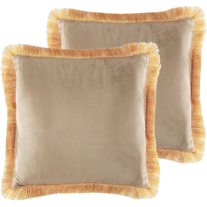 Beliani Set of 2 Cushions Beige Velvet Cover 45 x 45 cm Decorative Pillows Living Room Decor Material:Velvet Size:45x7x45