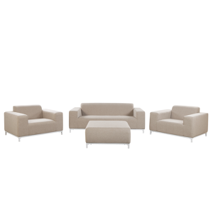 Beliani Garden Sofa Set Beige Fabric Upholstery White Aluminium Legs with Ottoman 5 Seater Weather Resistant Outdoor Material:Polyester Size:xx