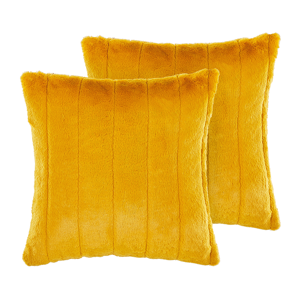 Beliani Set of 2 Throw Cushions Yellow Polyester 45 x 45 cm Glam Embossed Zipper Furry Living Room Bedroom Material:Faux Fur Size:45x10x45