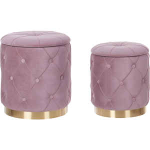 Beliani Set of Storage Pouffes Pink Polyester Velvet Button Tufted Upholstery Golden Base Retro Design Material:Velvet Size:40/33x44/36x40/33