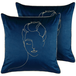 Beliani Set of 2 Decorative Cushions Blue and Gold Velvet 45 x 45 cm Face Motif Glamour Decor Accessories Material:Velvet Size:45x10x45