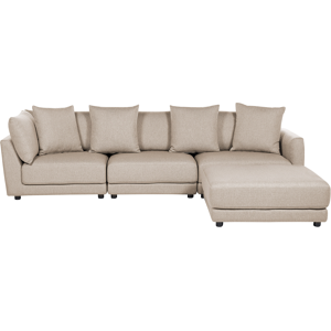 Beliani 3-Seater Sofa Beige Polyester Fabric Upholstery Couch with Ottoman Footstool Extra Throw Cushions Material:Polyester Size:102x86x300