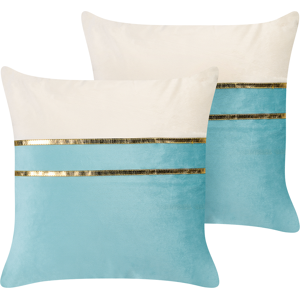 Beliani Set of 2 Decorative Cushions Blue and Beige Velvet 45 x 45 cm with Gold Lines Glamour Modern Living Room Bedroom Material:Velvet Size:45x10x45