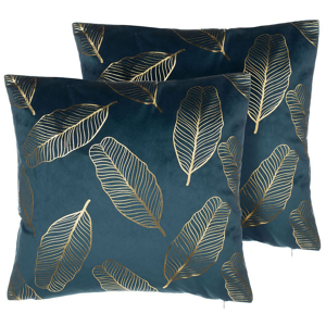 Beliani Set of 2 Decorative Cushions Blue Velvet Leaf Pattern 45 x 45 cm Gold Foil Print Decor Accessories Material:Velvet Size:45x12x45